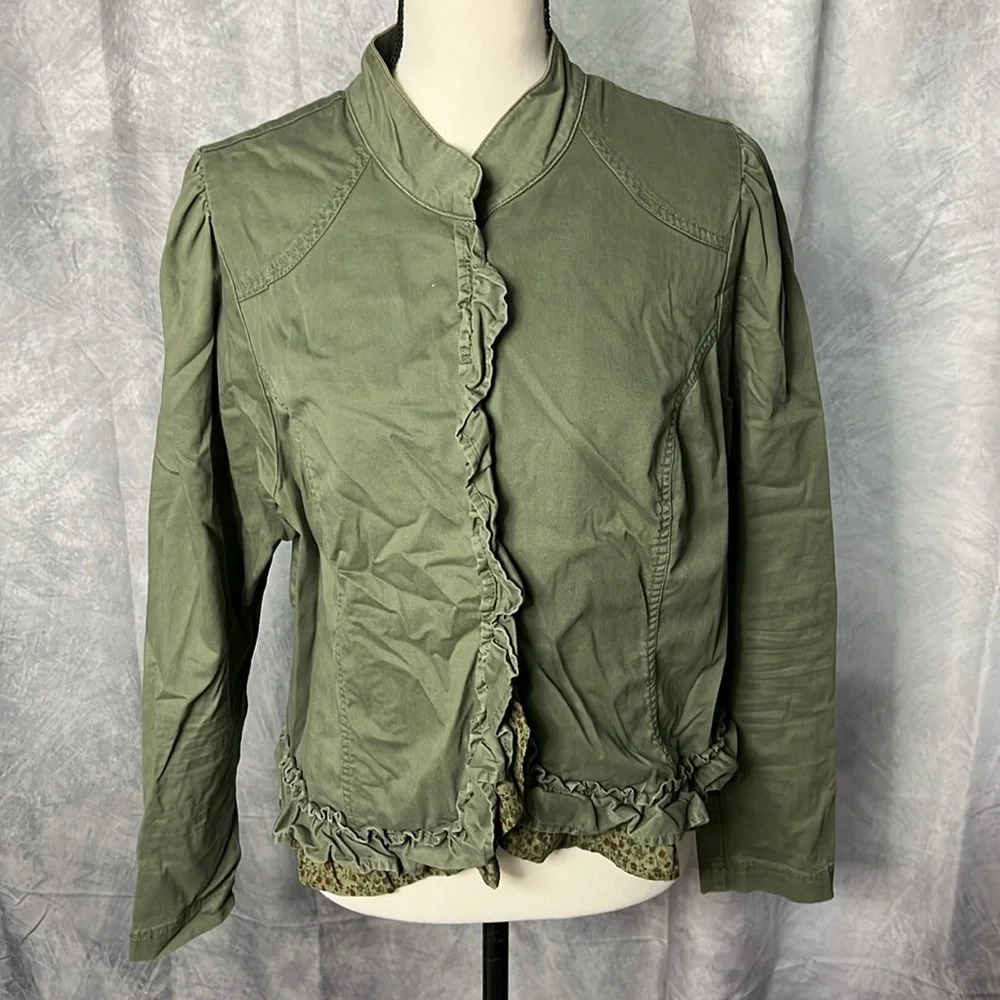 Pure Energy Olive Green Ruffled Crop Jacket with Peekaboo Floral Fabric - size 2